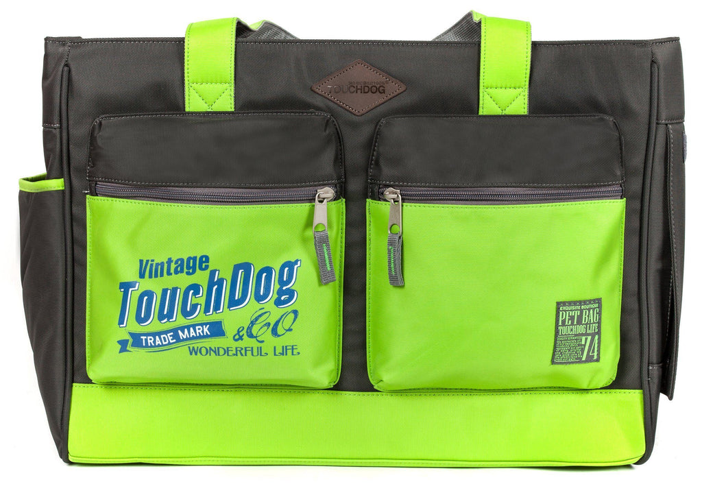 Touchdog black and lime green pet carrier with two zip pockets and matching handles