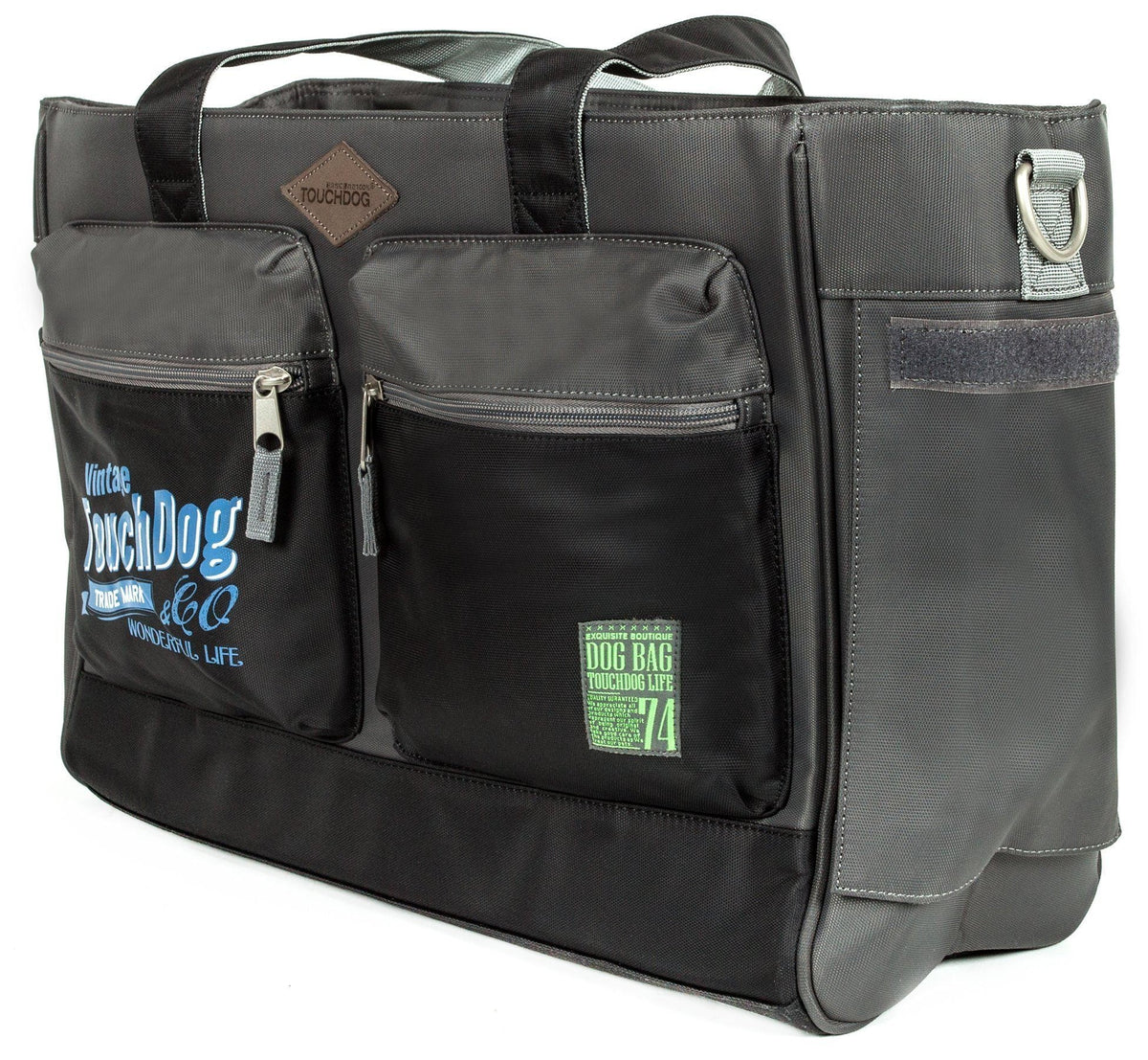 Touchdog Active-Purse black pet carrier with multiple zip pockets, handles and metal ring