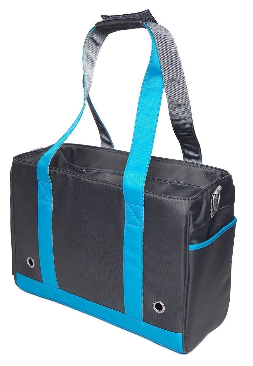 Touchdog Active-Purse pet carrier with black body, turquoise straps and trim, side pocket and air holes