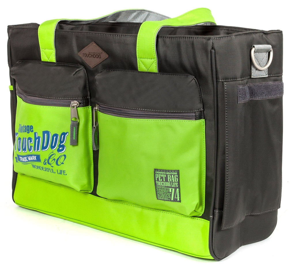 Touchdog Active-Purse black and lime green pet carrier with multiple zip pockets and handles