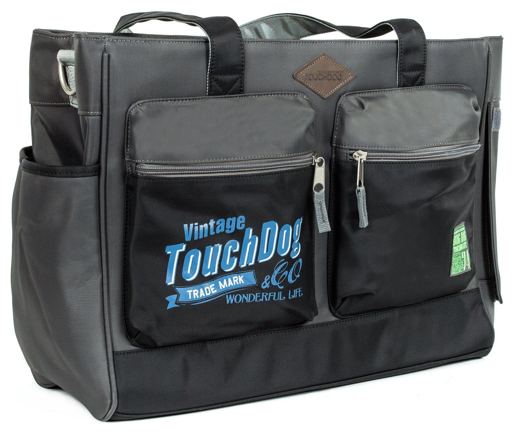 Touchdog black pet carrier with two front zip pockets and shoulder handles