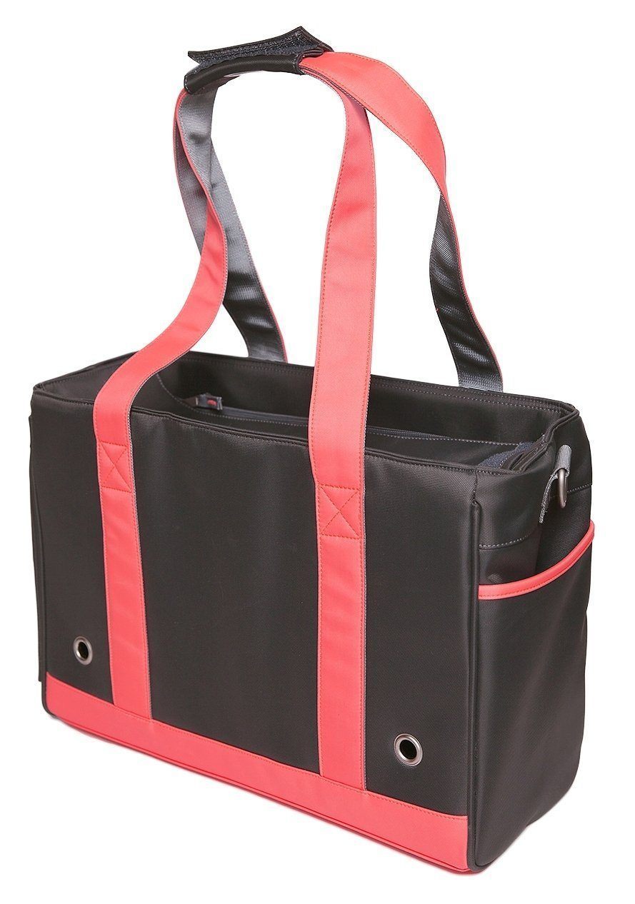 Touchdog Active-Purse pet carrier with black body, coral straps and trim, side pocket and air holes
