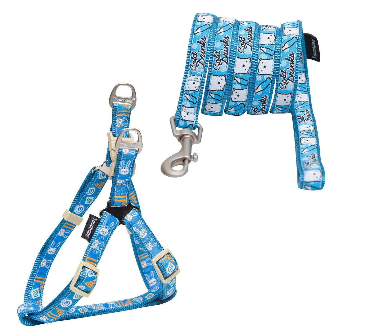 Touchdog Caliber dog harness and leash set in a blue pattern with adjustable straps and metal clips