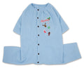 Blue thermal dog pajamas with short sleeves, snap front, and embroidered chest details