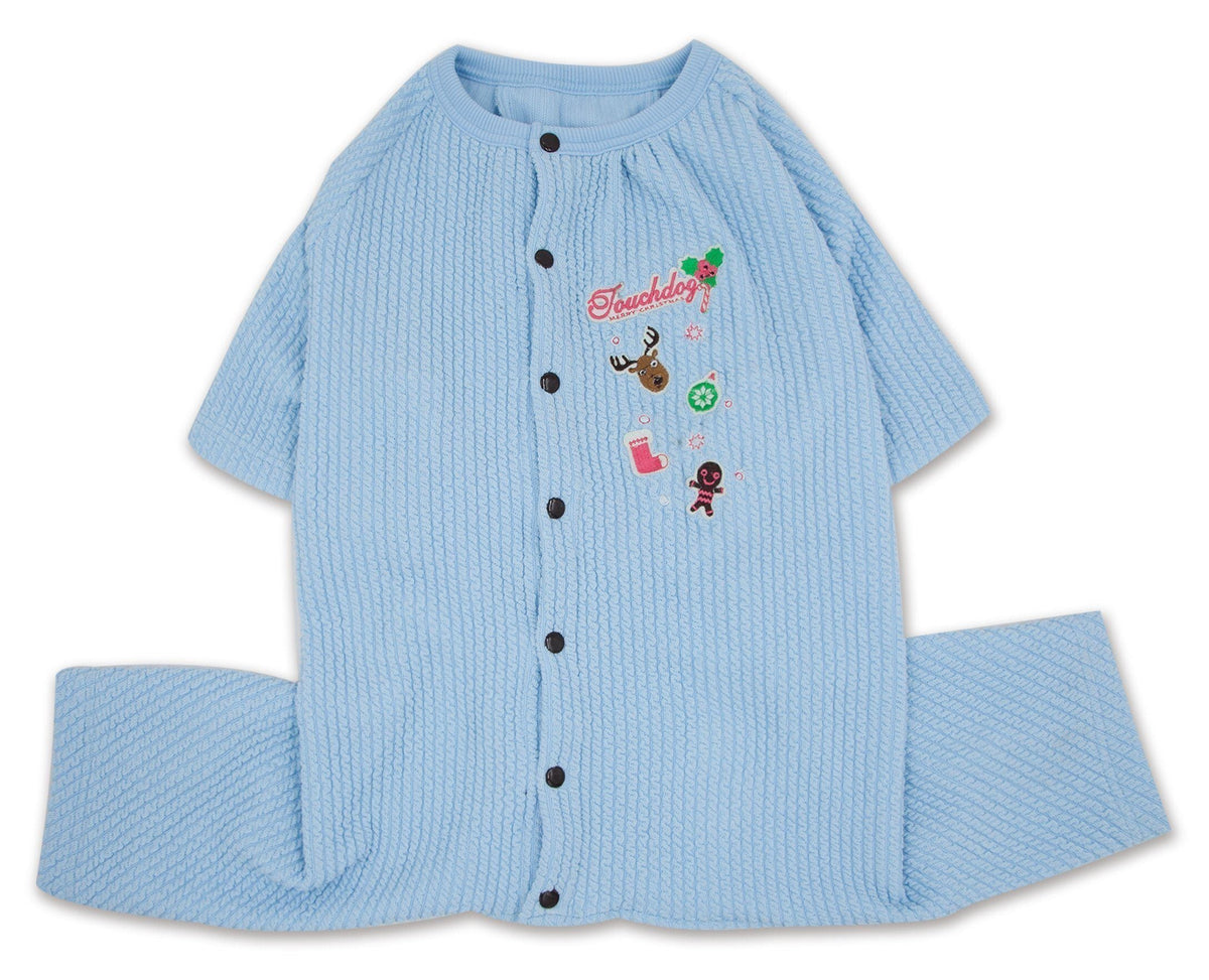 Blue thermal dog pajamas with short sleeves, snap front, and embroidered chest details