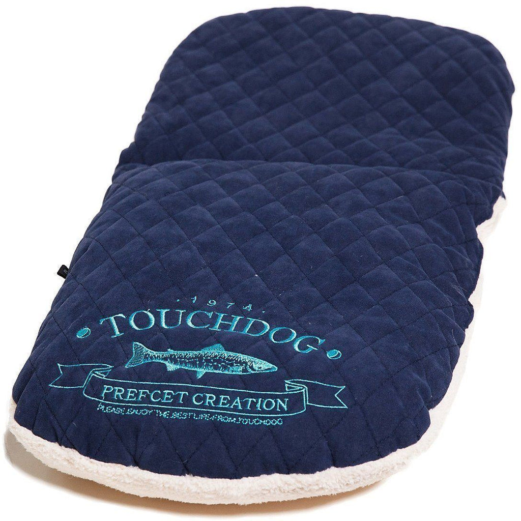 Touchdog navy quilted cat bed cushion with embroidered logo and cream fleece edging