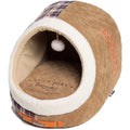 Touchdog light brown quilted cat cave bed with cream trim and hanging teaser ball