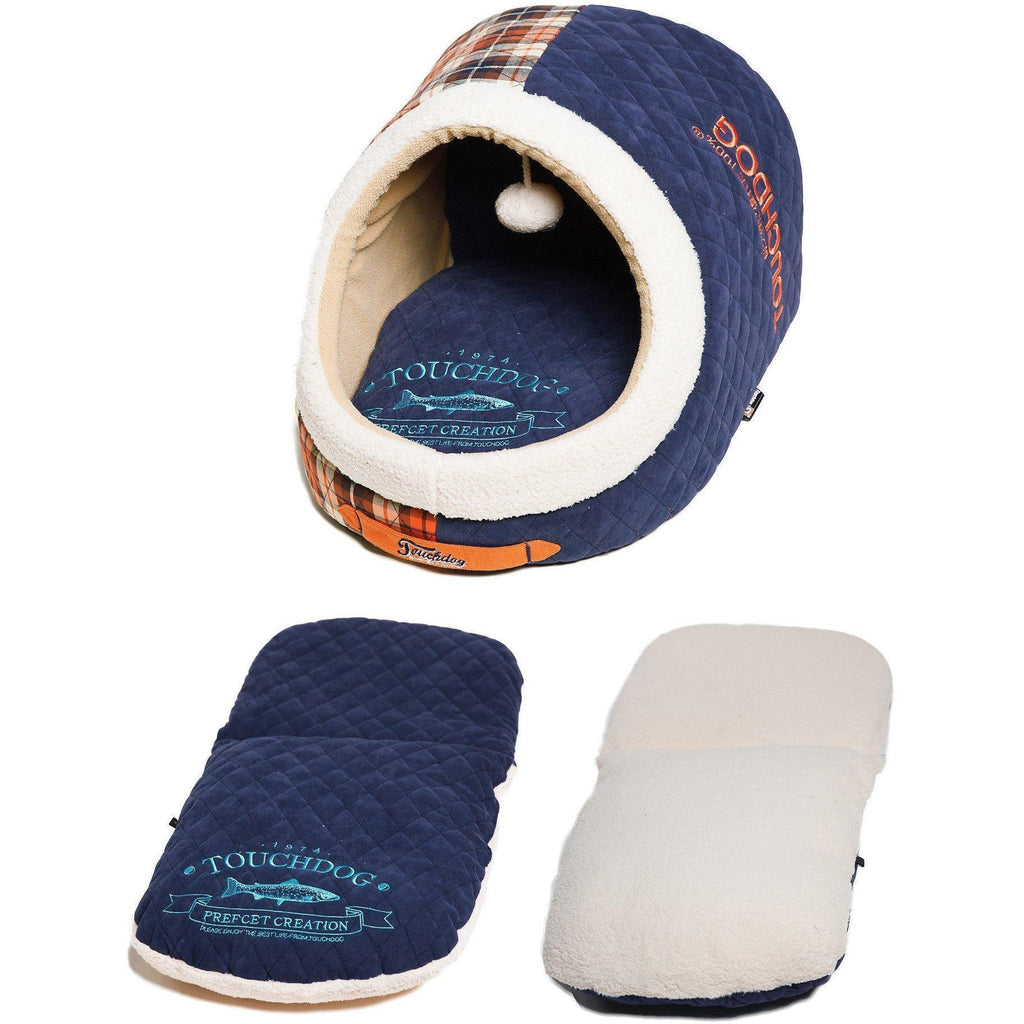 Touchdog navy cat cave bed with removable quilted cushion shown on both sides