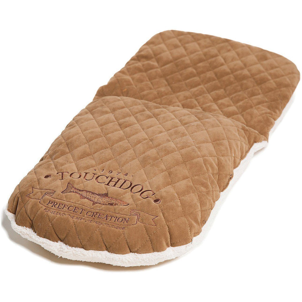 Touchdog light brown quilted cat bed cushion with embroidered logo and cream fleece edging