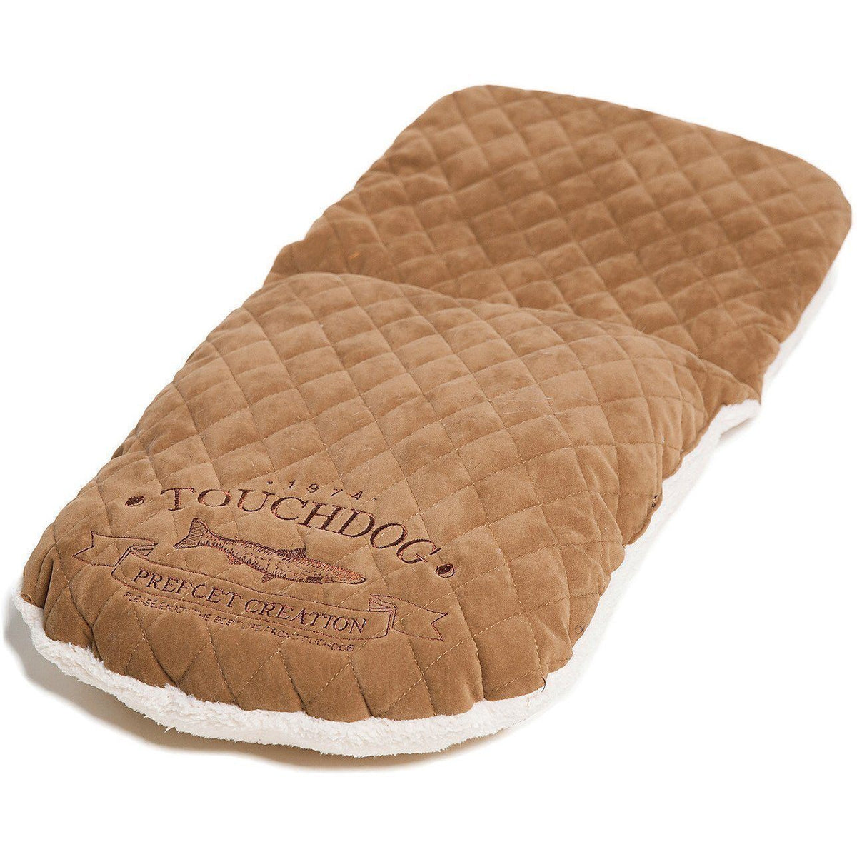 Touchdog light brown quilted cat bed cushion with embroidered logo and cream fleece edging