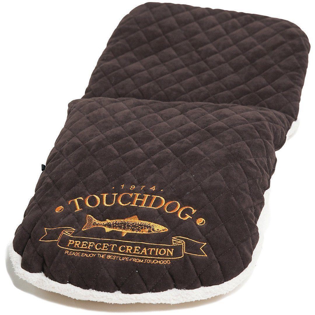 Touchdog dark brown quilted cat bed cushion with embroidered logo and cream fleece edging