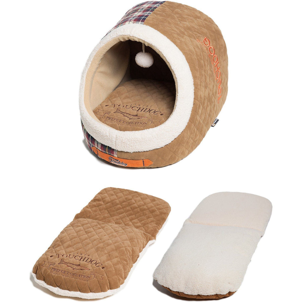 Touchdog light brown cat cave bed with cream trim and removable cushion shown on both sides