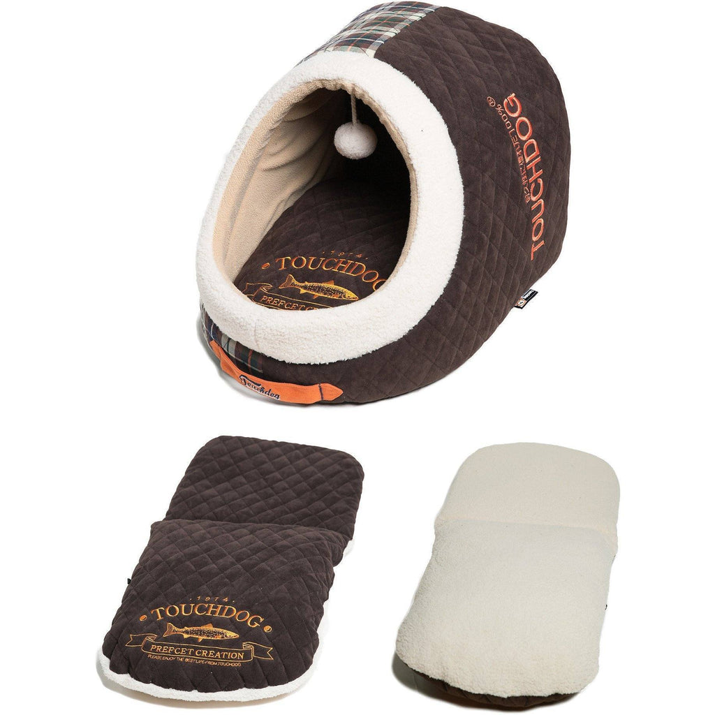 Touchdog dark brown cat cave bed with cream trim and removable cushion shown on both sides