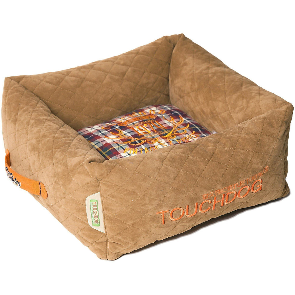 Light brown quilted square dog bed with a plaid center cushion