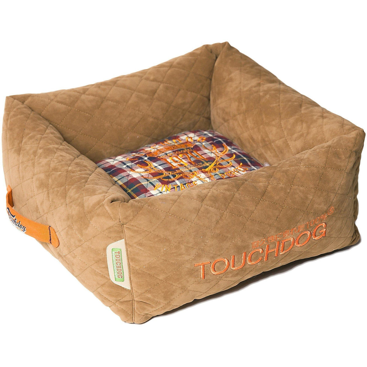 Light brown quilted square dog bed with a plaid center cushion