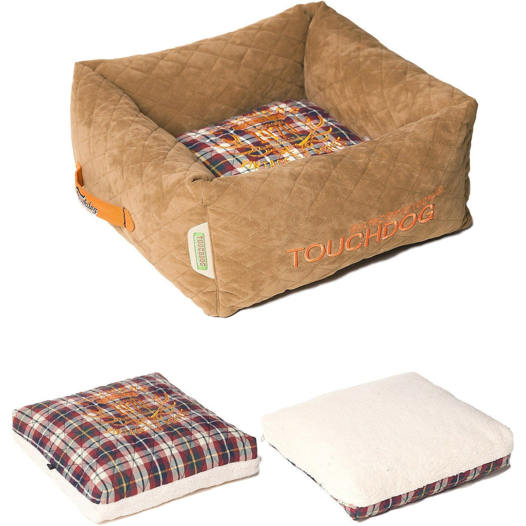 Light brown quilted dog bed with plaid cushion and removable cream-backed pad