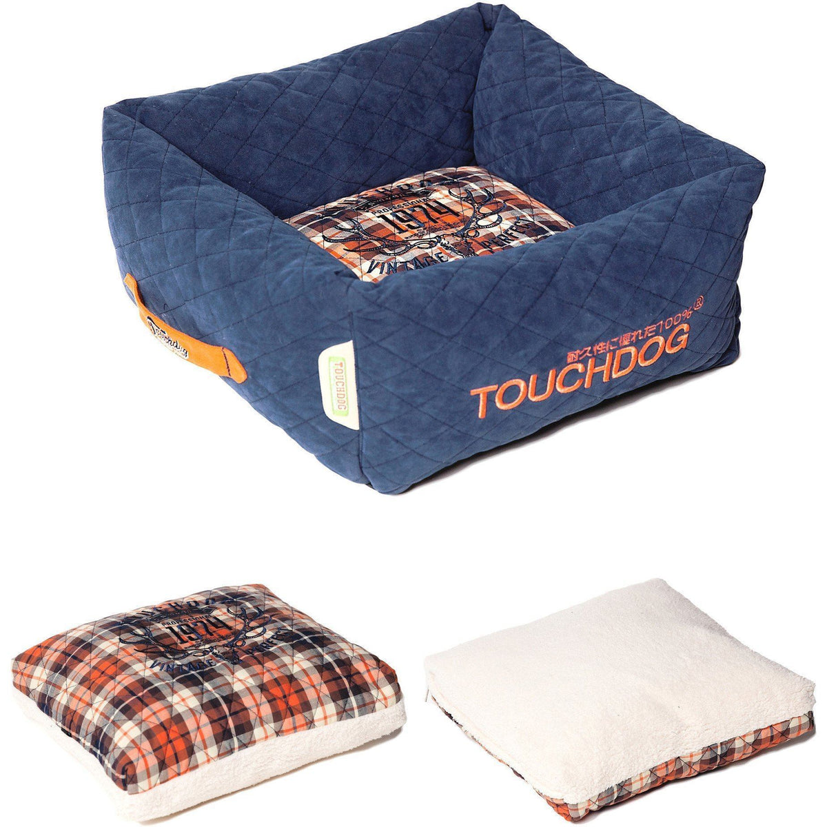 Dark blue quilted dog bed with plaid cushion and removable cream-backed pad
