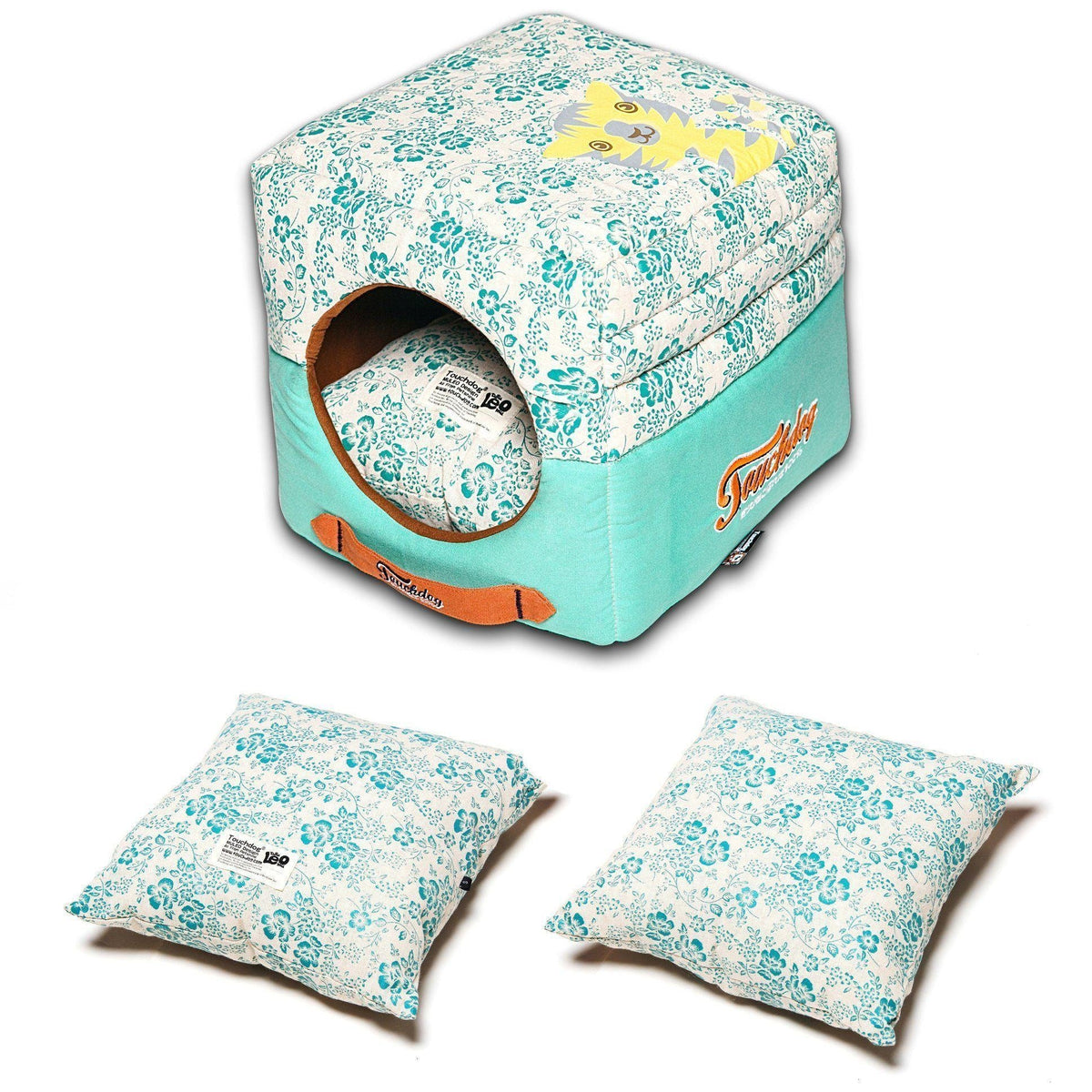 Touchdog collapsible pet bed with round entrance and two matching teal floral cushions