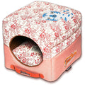 Touchdog red floral collapsible pet bed with round entrance and cat-print top