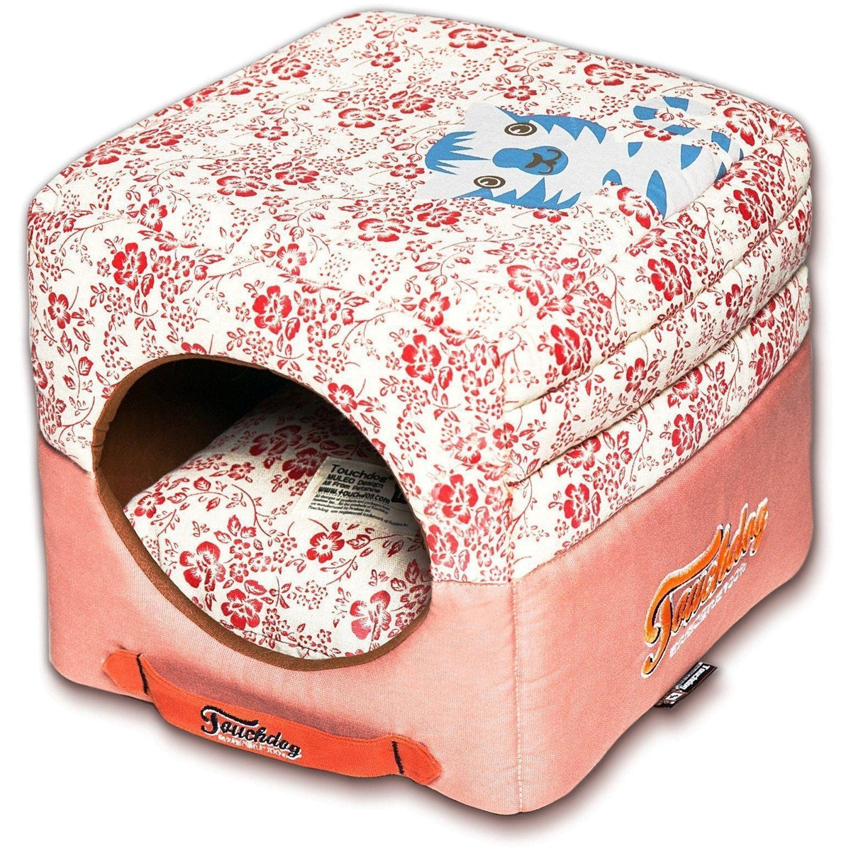 Touchdog red floral collapsible pet bed with round entrance and cat-print top