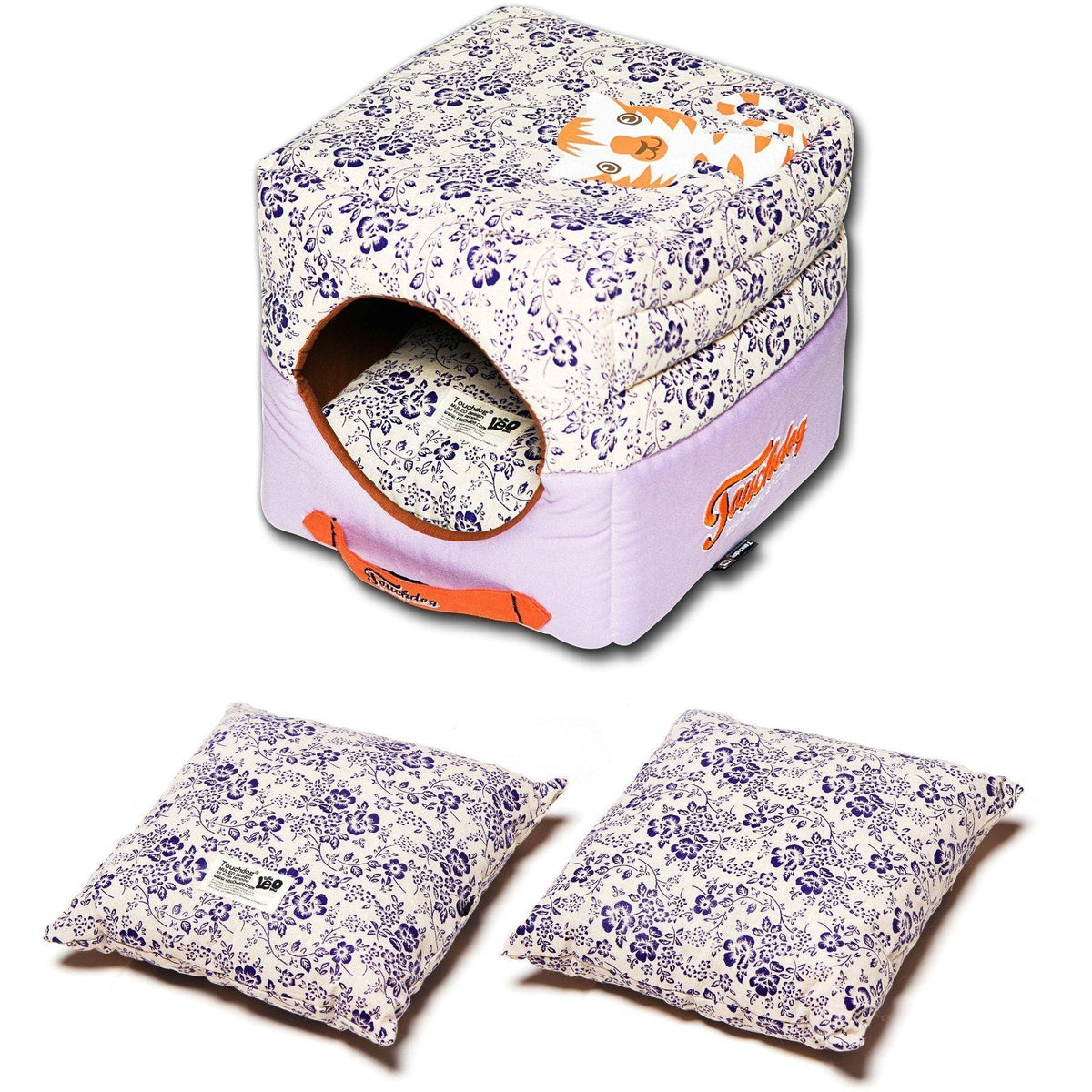 Touchdog collapsible pet bed with round entrance and two purple floral cushions
