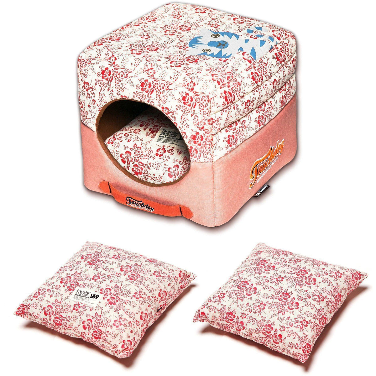 Touchdog collapsible pet bed with round entrance and two red floral cushions
