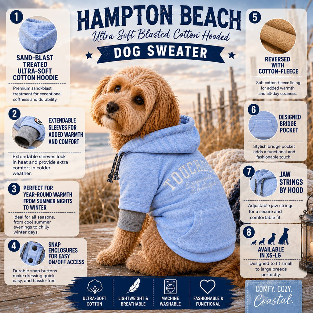 Light blue Touchdog dog sweater feature graphic showing hood, lining, cuffs, snaps, and pocket