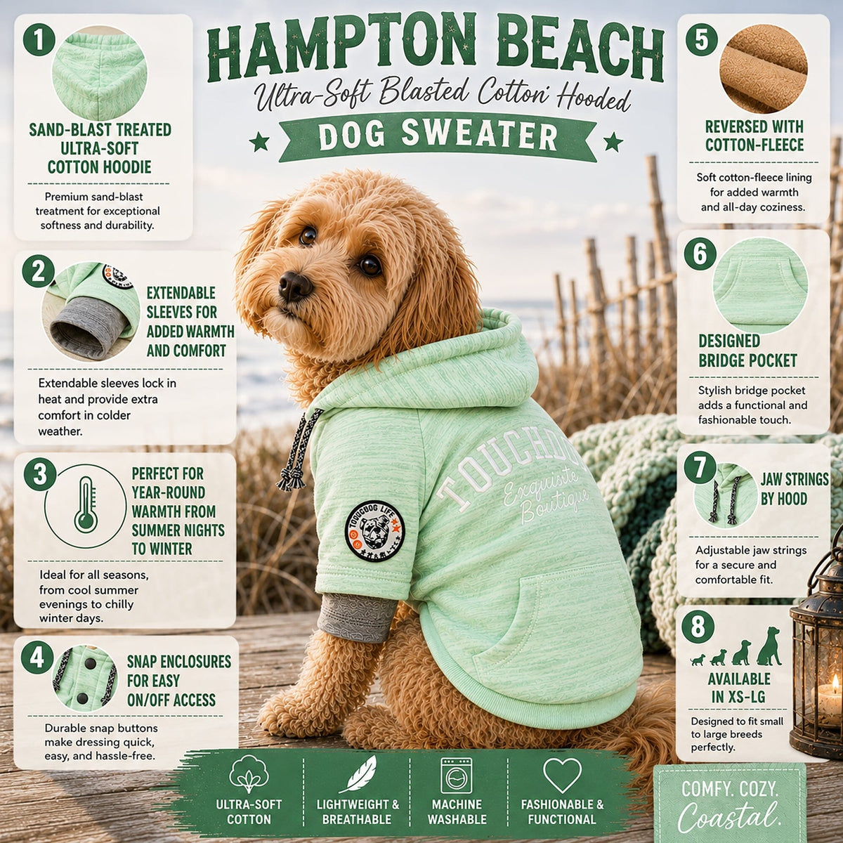 Mint green hooded dog sweater shown on a dog, with gray cuffs and a back pocket.