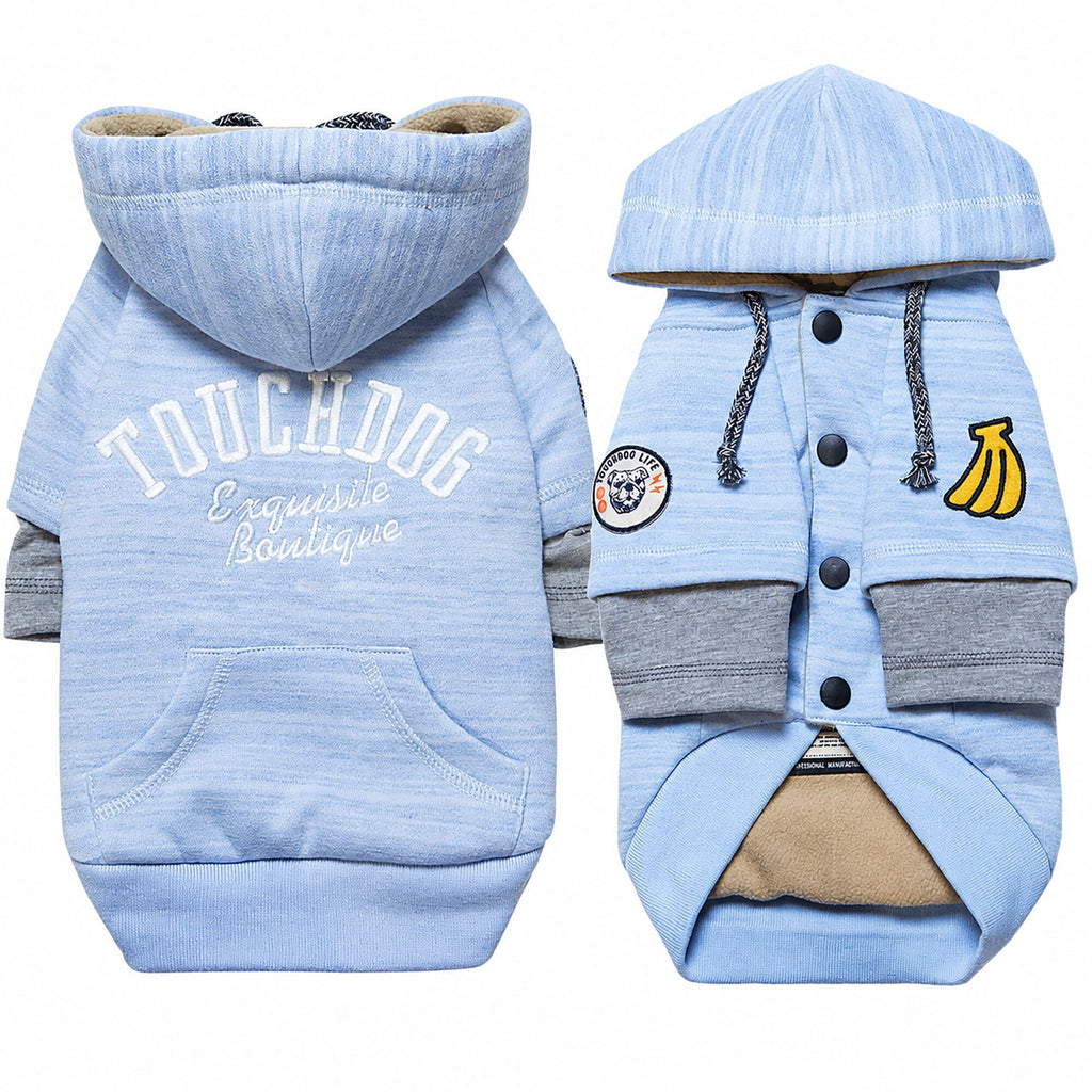 Light blue Touchdog dog sweater shown front and back with hood, snaps, gray cuffs, and pouch pocket