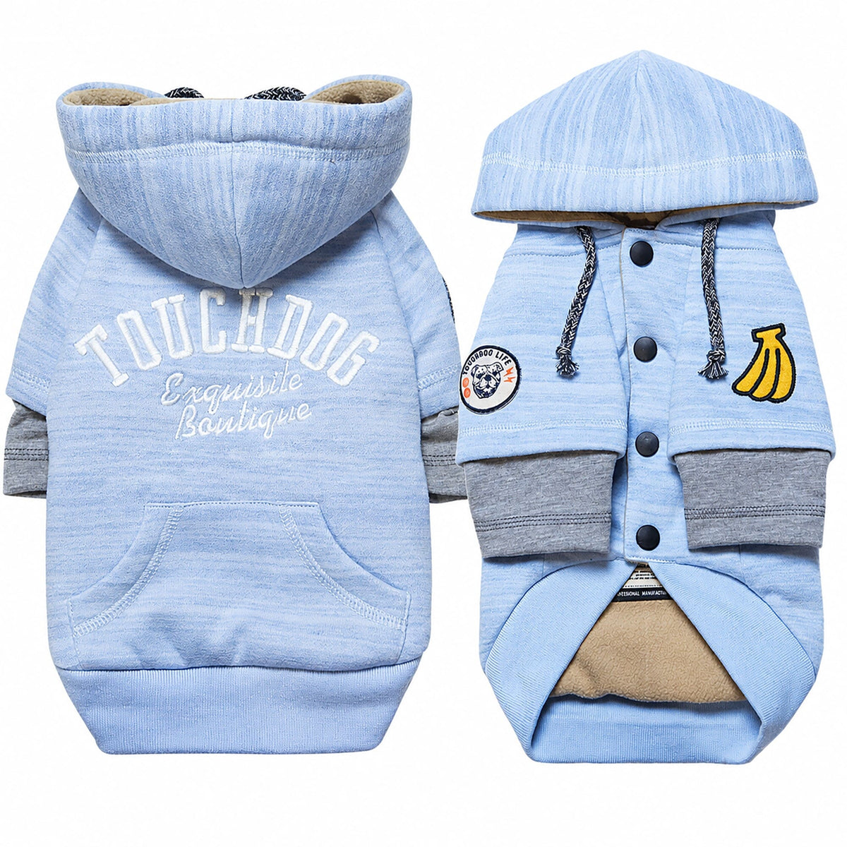 Light blue Touchdog dog sweater shown front and back with hood, snaps, gray cuffs, and pouch pocket