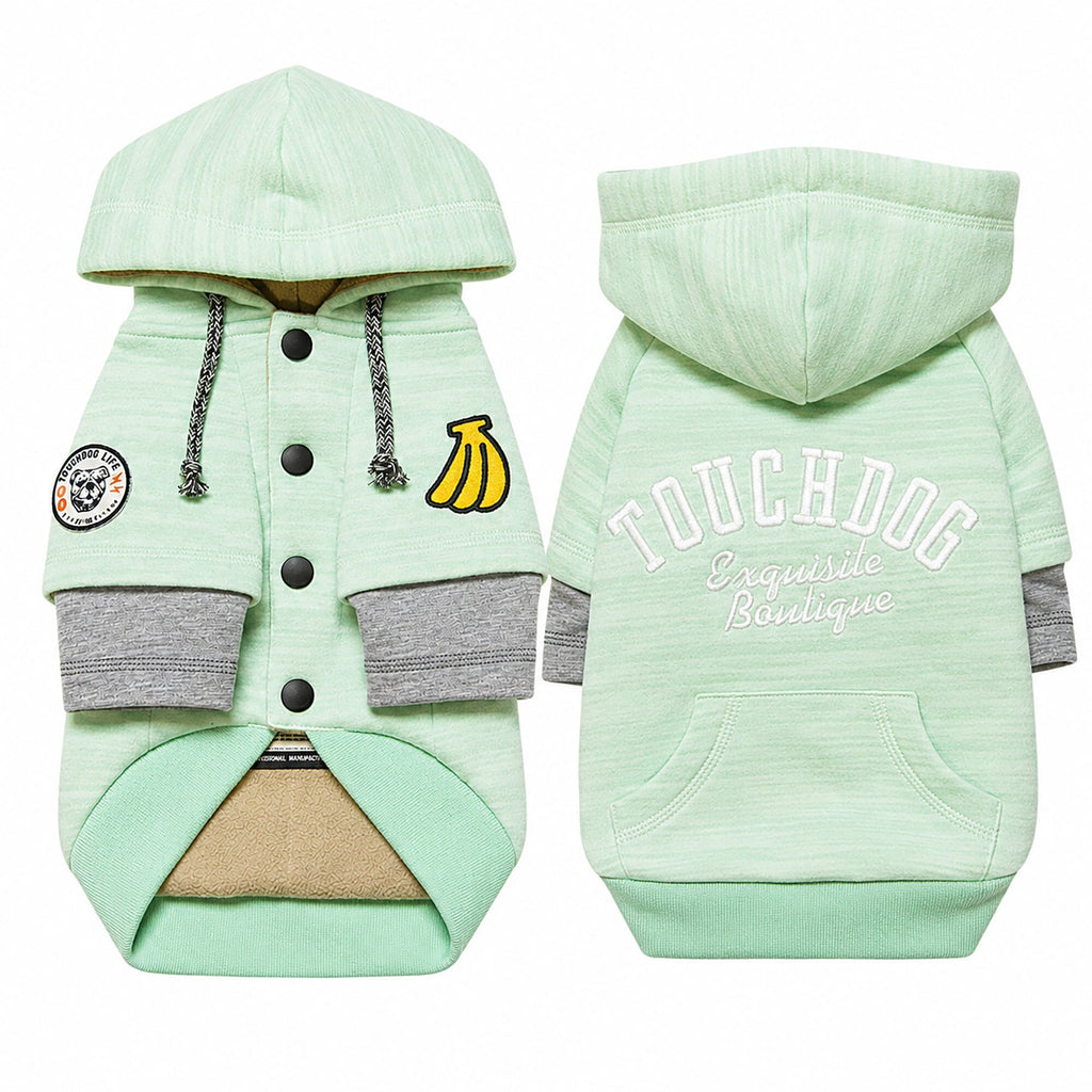 Touchdog hooded dog sweater in mint green, shown front and back with snap closures and pouch pocket