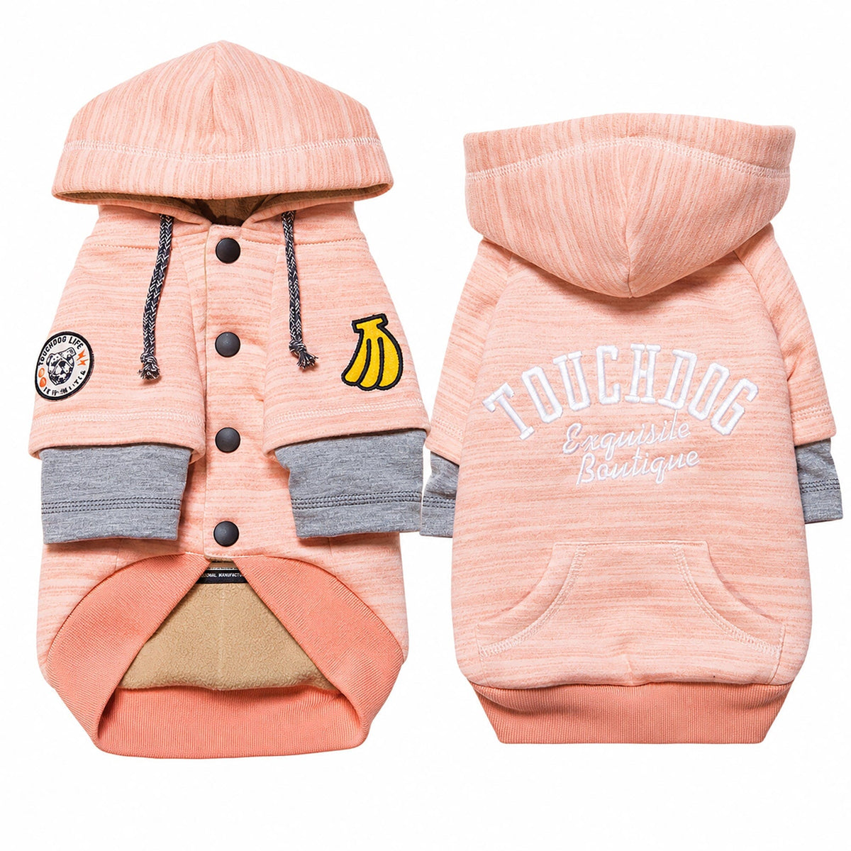 Pink dog sweater shown front and back, with hood, snap buttons, gray cuffs, and pouch pocket.