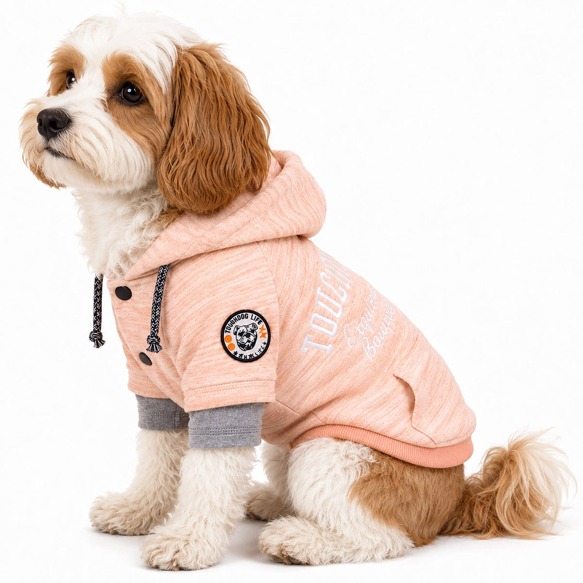 Pink hooded dog sweater on a seated dog, showing the sleeve patch and side pocket.