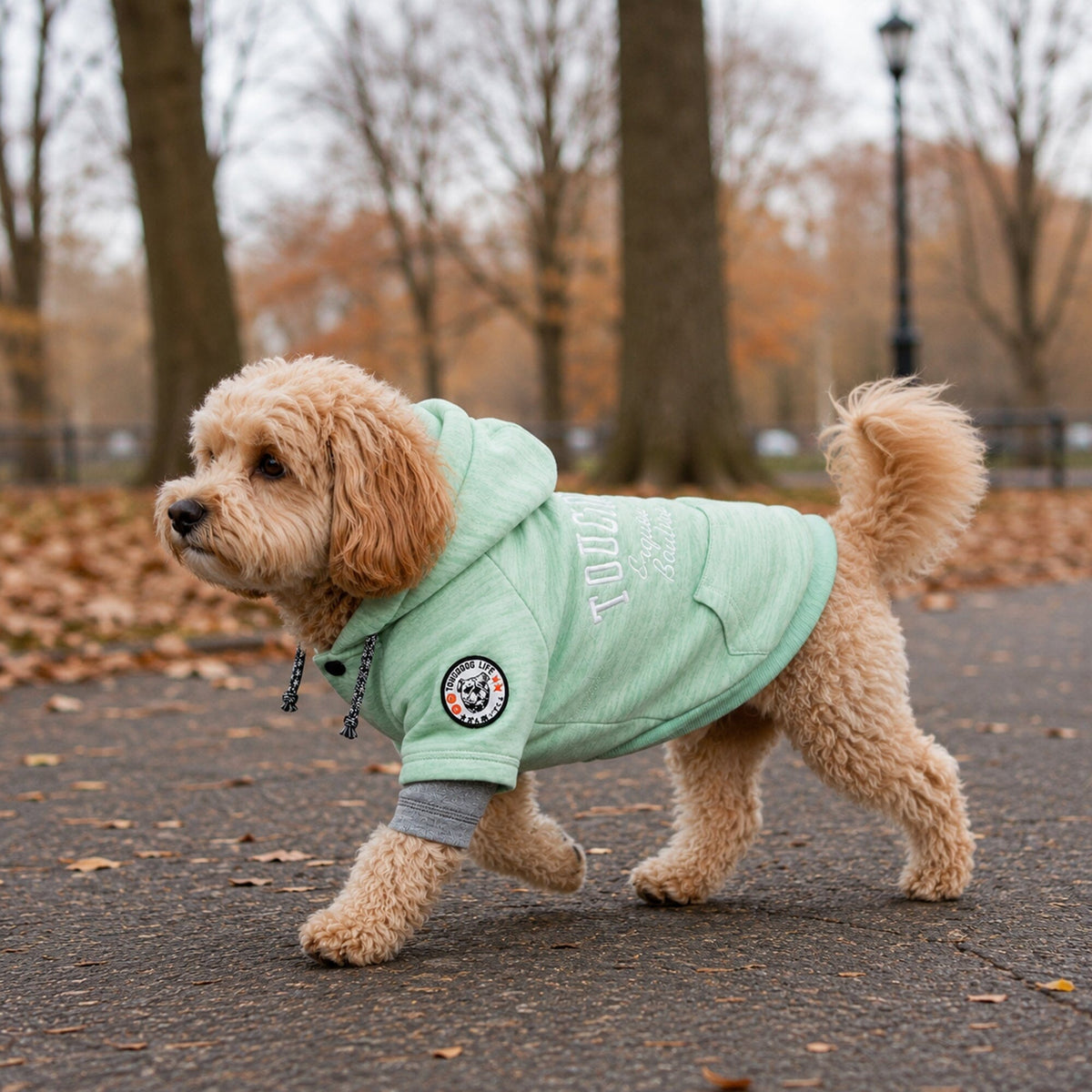 Mint green Touchdog dog sweater with hood and gray cuffs, shown on a walking dog