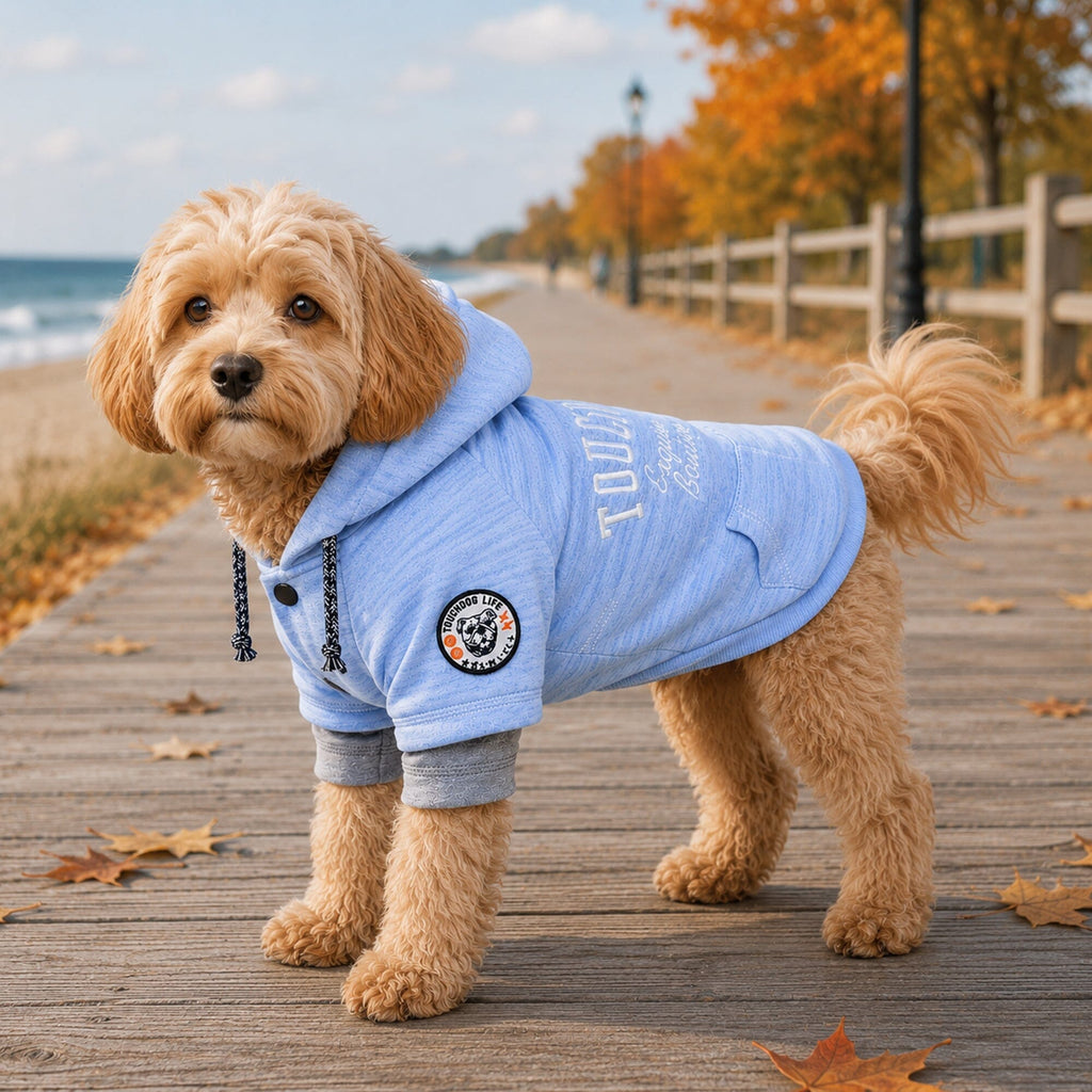 Light blue Touchdog hooded dog sweater with gray cuffs and logo patch, worn by a standing dog