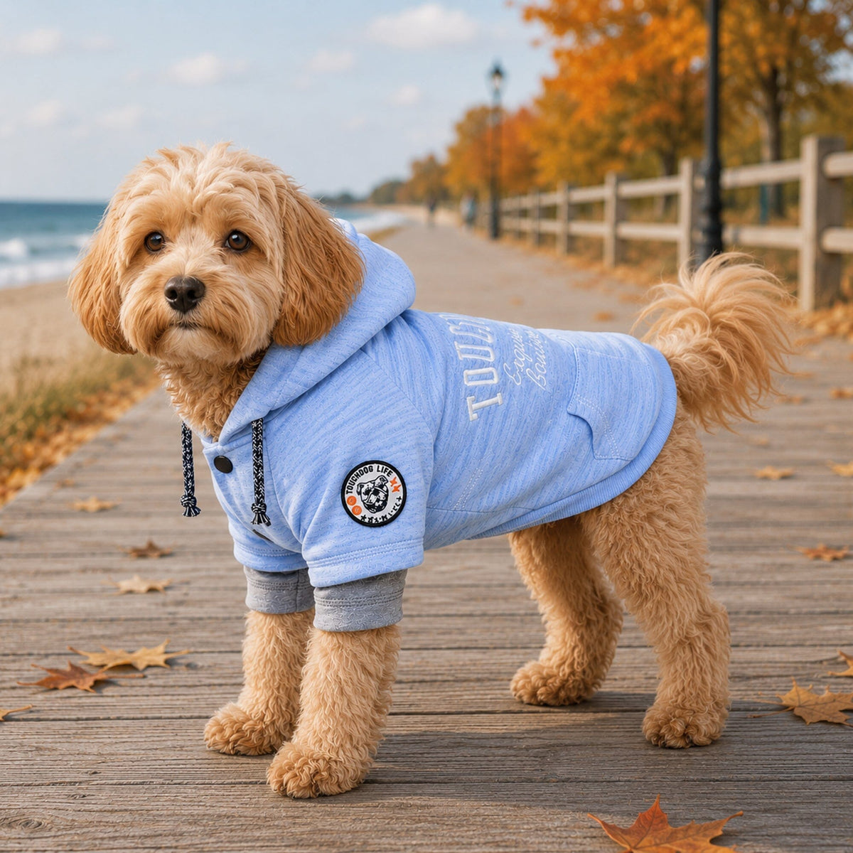 Light blue Touchdog hooded dog sweater with gray cuffs and logo patch, worn by a standing dog