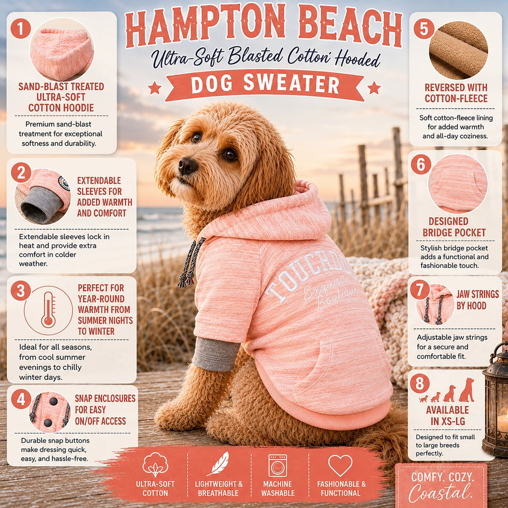 Pink hooded dog sweater shown on a dog, with gray cuffs and a back pocket.