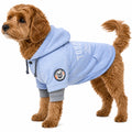 Light blue Touchdog hooded dog sweater with gray cuffs, drawstrings, snaps, and logo patch