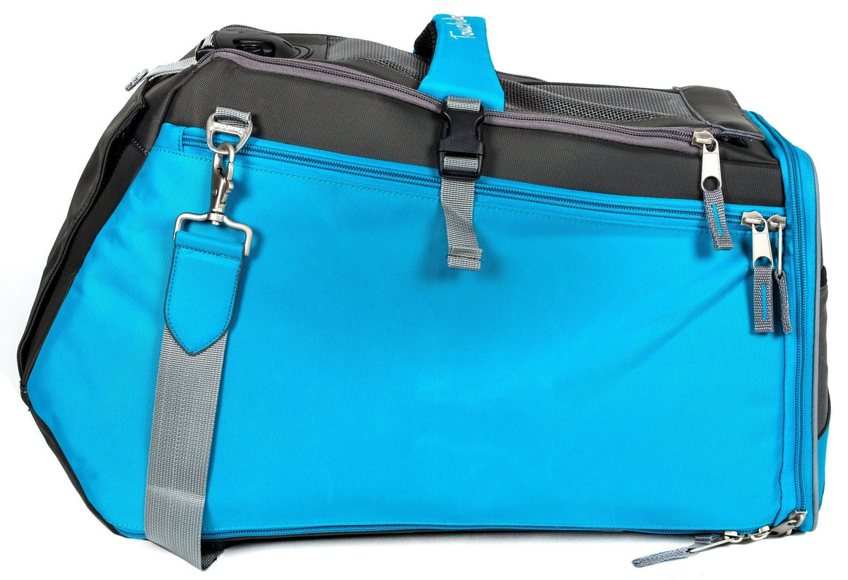 Touchdog pet travel carrier with bright blue side panel, gray strap, and zip pockets