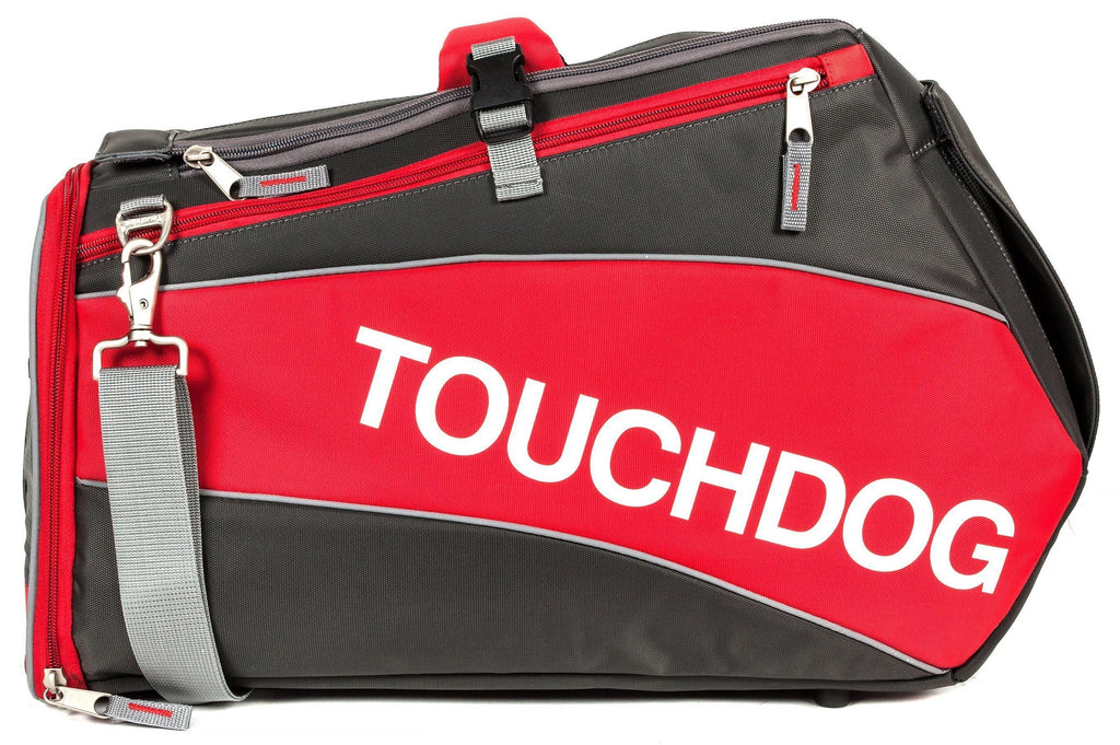 Touchdog pet carrier with red and black side panels, gray strap, and large logo