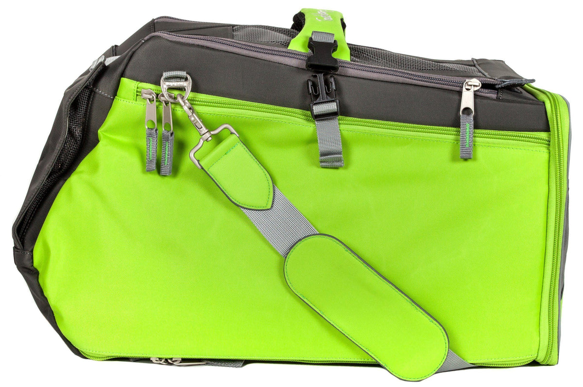 Touchdog pet carrier with lime green side panel, padded gray strap, and zip pockets
