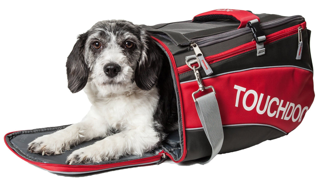 Touchdog red and charcoal pet carrier with a dog inside and front flap open