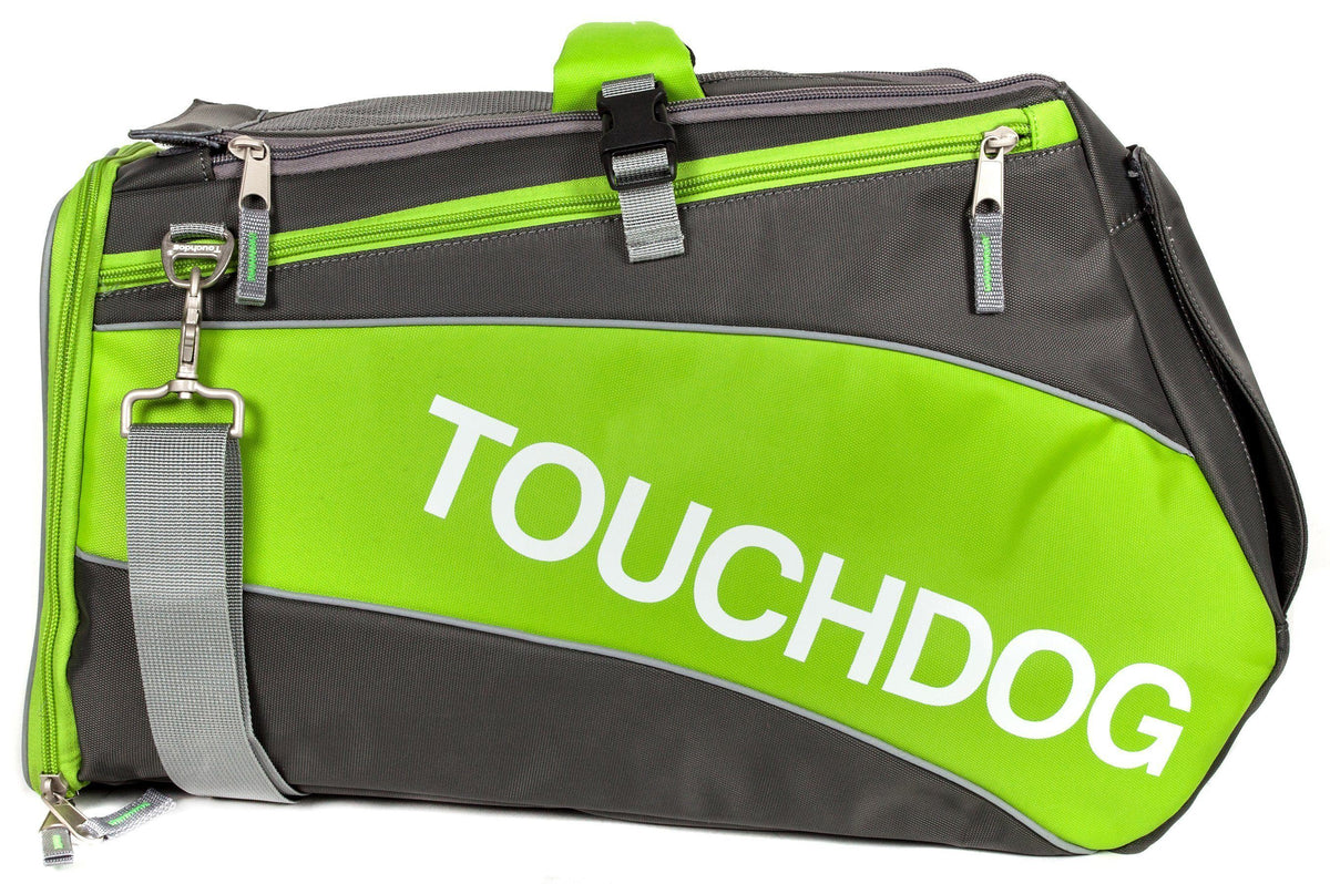 Touchdog airline-approved pet carrier in lime green and charcoal, with shoulder strap and zippered top