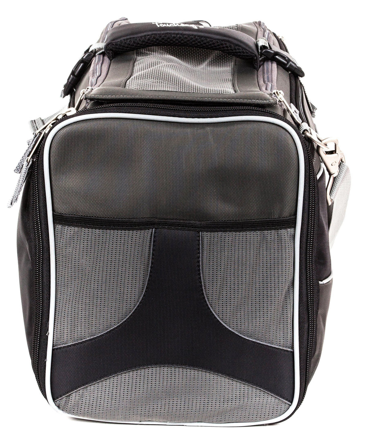 Touchdog pet carrier end panel with black trim, mesh windows, and shoulder strap