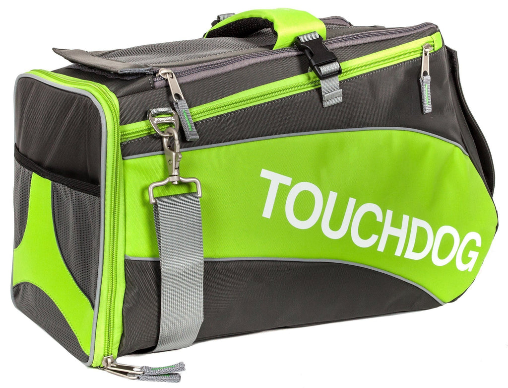 Touchdog lime green and charcoal pet carrier with zippered mesh end panel
