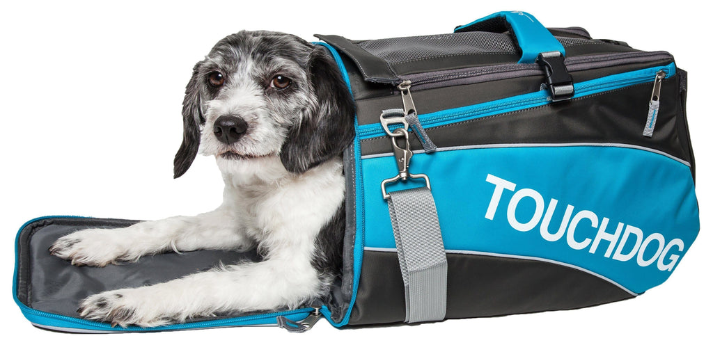 Touchdog blue and charcoal pet carrier with a dog inside and front flap open