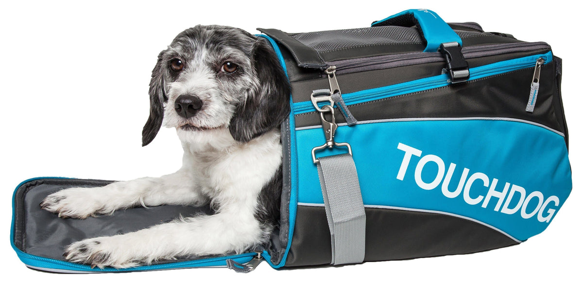 Touchdog blue and charcoal pet carrier with a dog inside and front flap open