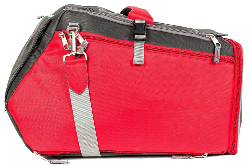 Touchdog pet travel carrier with red side panel, gray shoulder strap, and zip pockets
