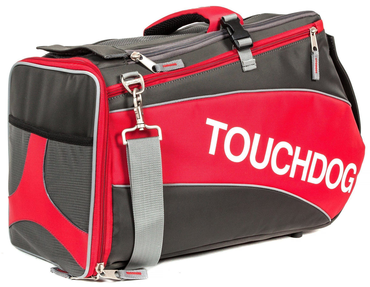 Touchdog red and charcoal pet carrier with zippered mesh end panel and shoulder strap