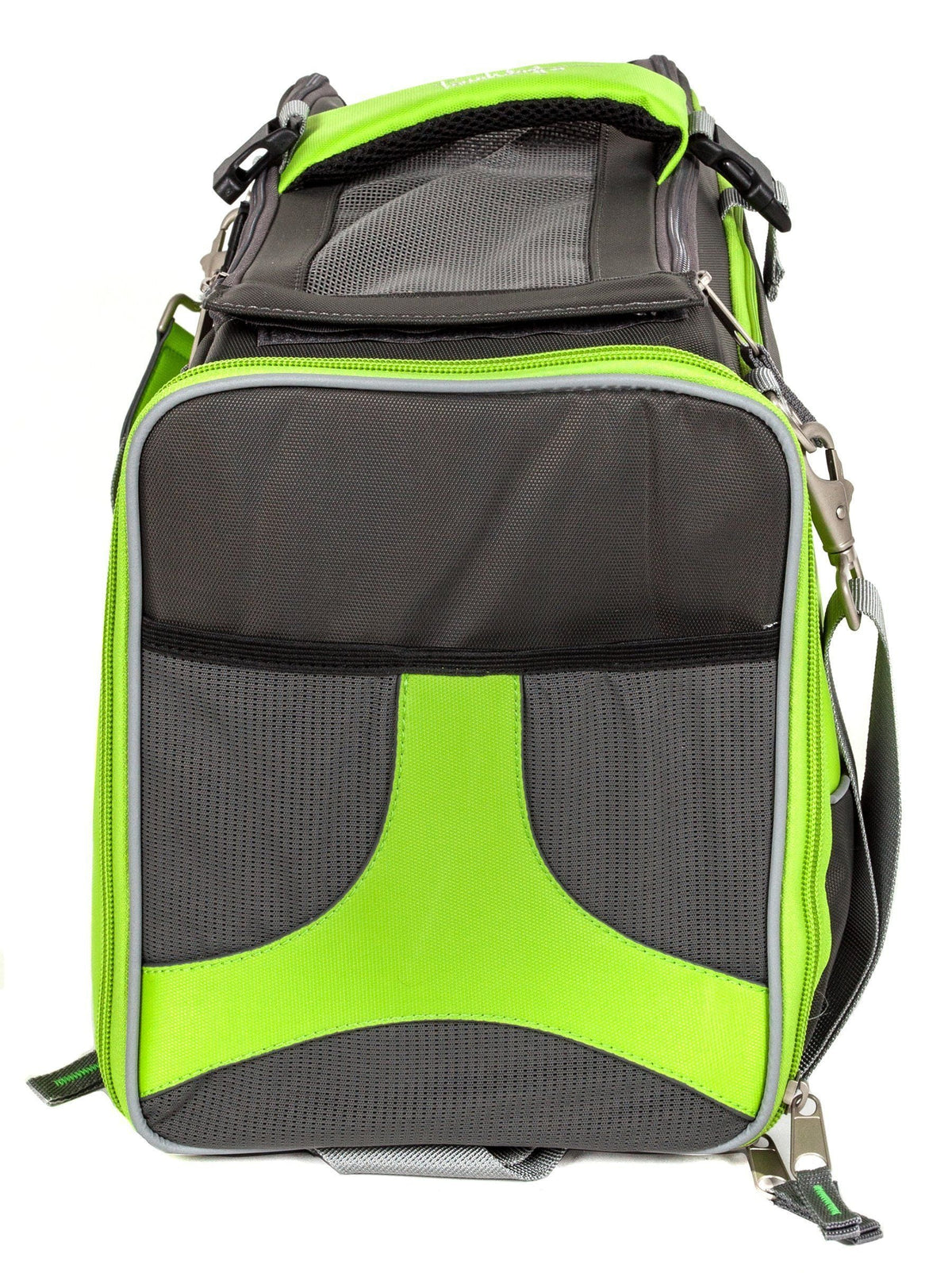 Touchdog pet carrier end panel with lime green trim, mesh windows, and shoulder strap